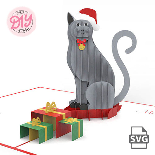 Cat & Christmas Presents Pop-Up Card SVG Template - DIY Holiday Card